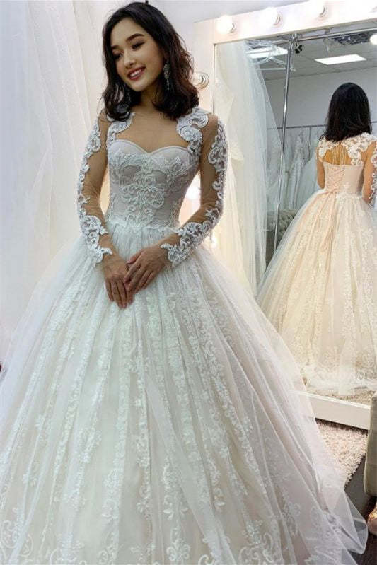 Long Sleeve Sweetheart Ball Gown Wedding Dress with Appliques