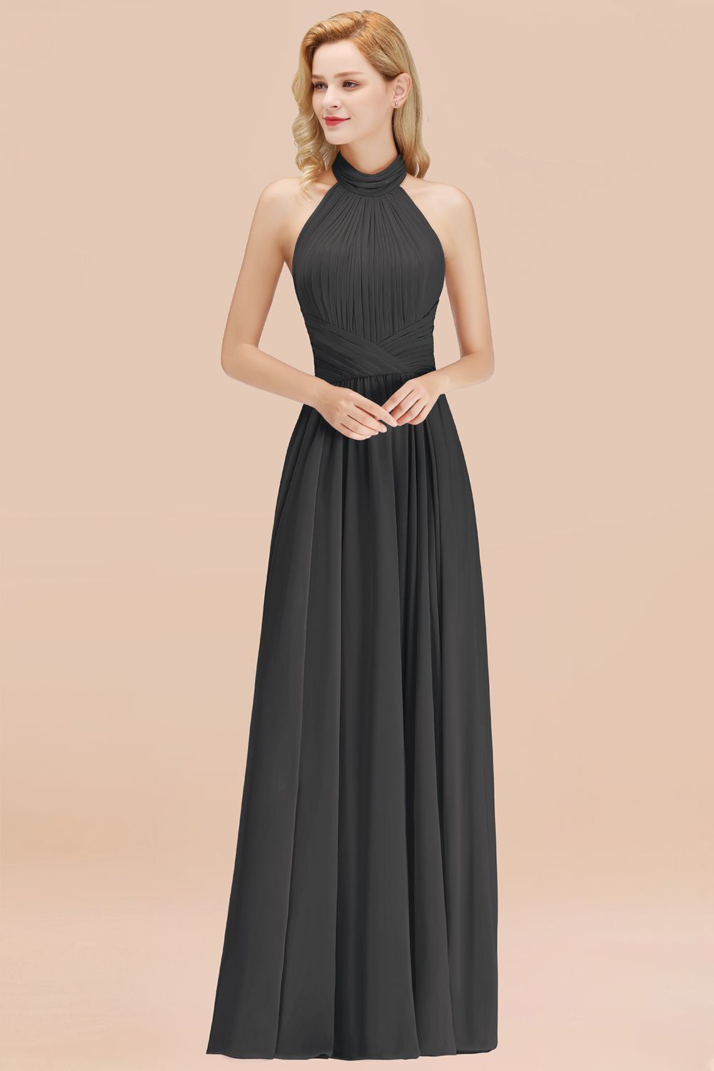 27prom Gorgeous High-Neck Halter Backless Bridesmaid Dress Dusty Rose Chiffon Maid of Honor Dress-27prom