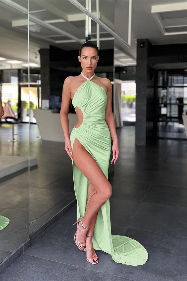 Pink Halter Sleeveless Mermaid Prom Dress with Long Split