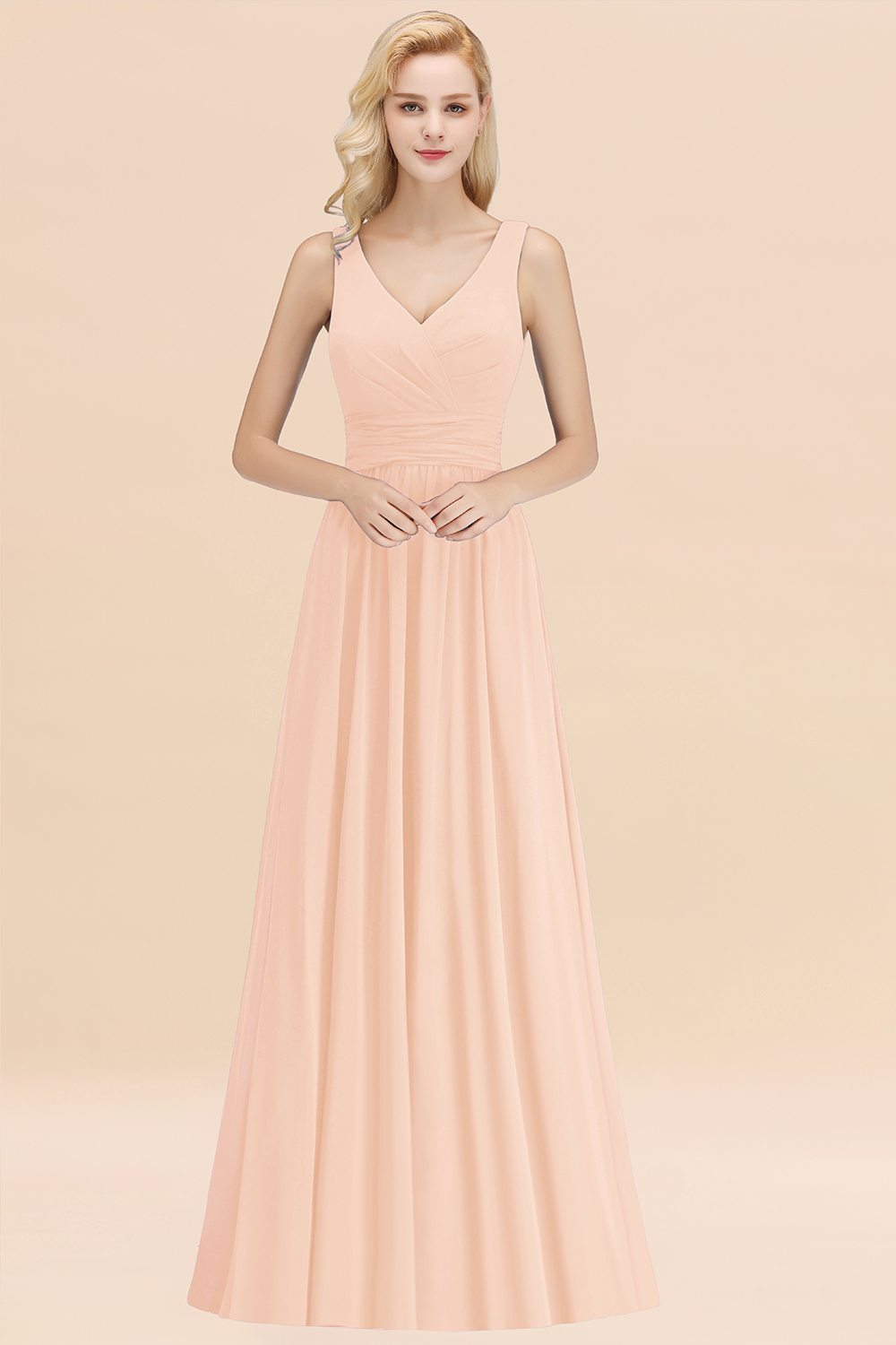 27prom Modest Sleeveless V-Neck Long Chiffon Bridesmaid Dress Online with Ruffle-27prom