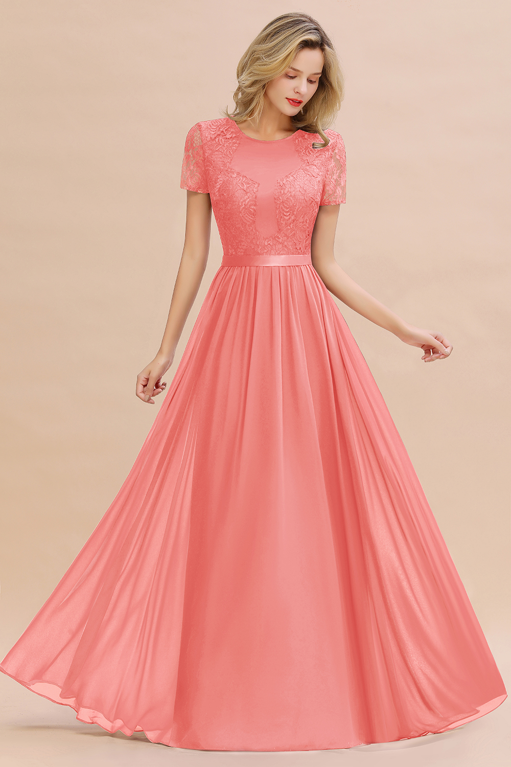 27prom Elegant Chiffon Lace Jewel Short-Sleeves Affordable Bridesmaid Dress-27prom