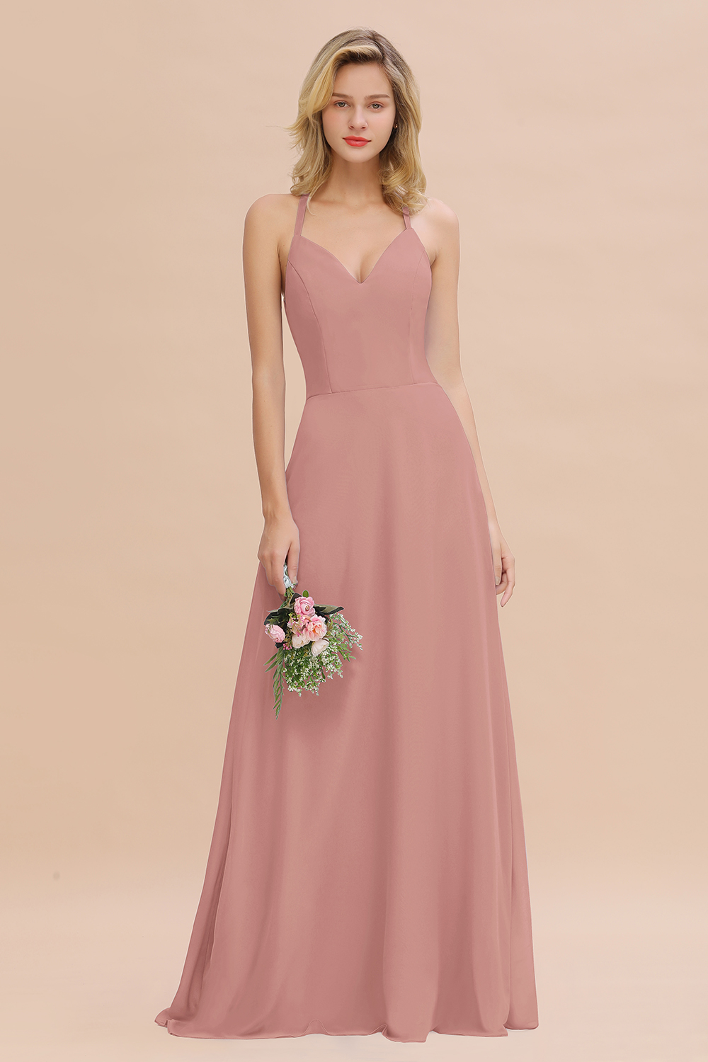 27prom Modest Halter V-Neck Sleeveless Long Bridesmaid Dresses Online-27prom