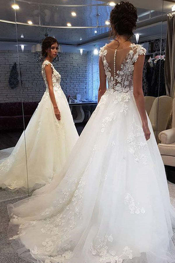 Graceful White Lace Long Wedding Dress with Appliques