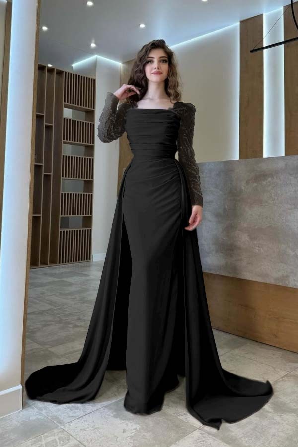 Long Sleeves Square Neck Long Mermaid Prom Dress With Pleated