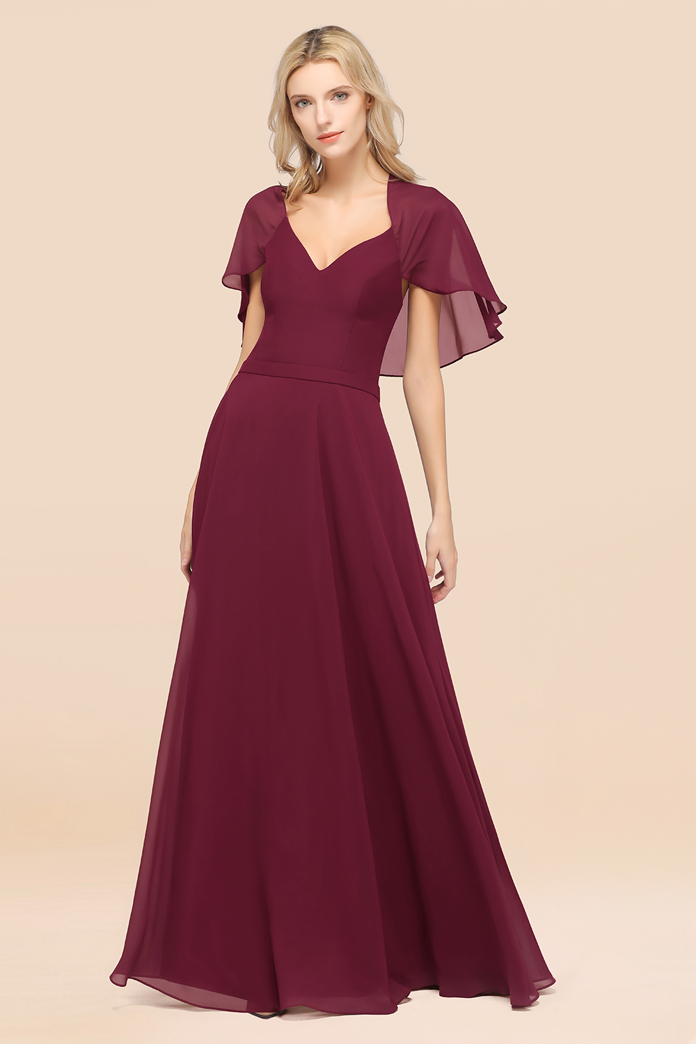 27prom Chic Satin V-Neck Long Burgundy Chiffon Bridesmaid Dress with Flutter Sleeve-27prom