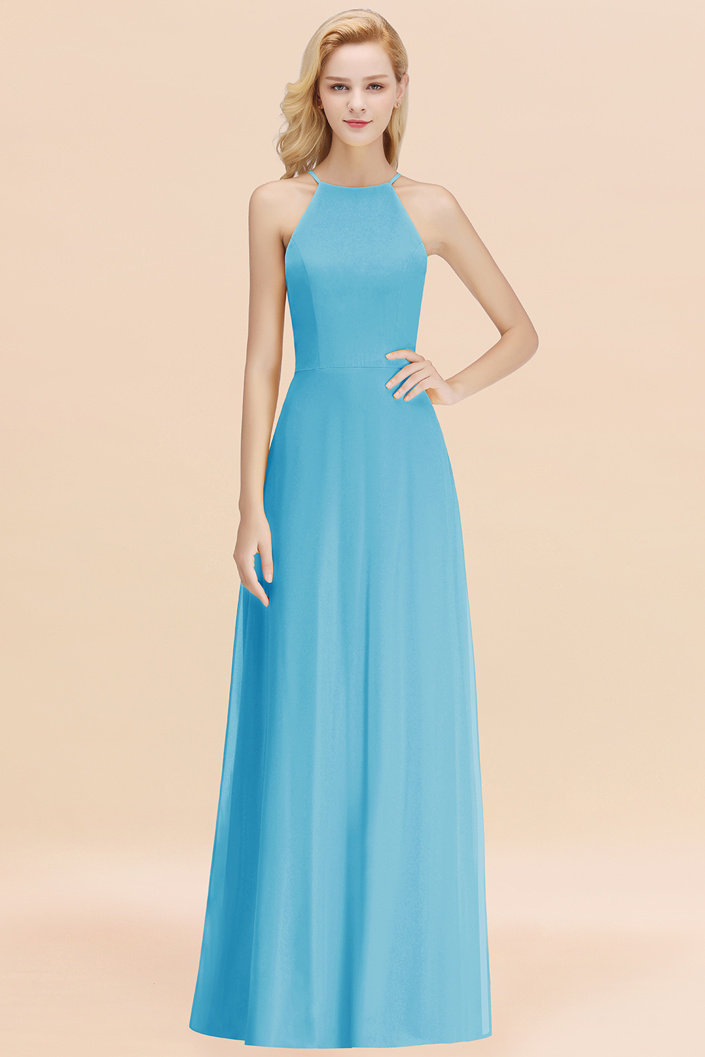 27prom Modest High-Neck Yellow Chiffon Affordable Bridesmaid Dresses Online-27prom