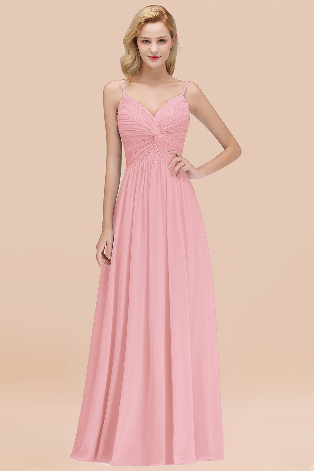 27prom Chic V-Neck Pleated Backless Bridesmaid Dresses with Spaghetti Straps-27prom
