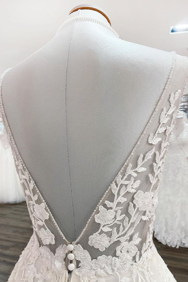 Elegant V-Neck Long A-Line Wedding Dress with Open Back and Tulle Lace