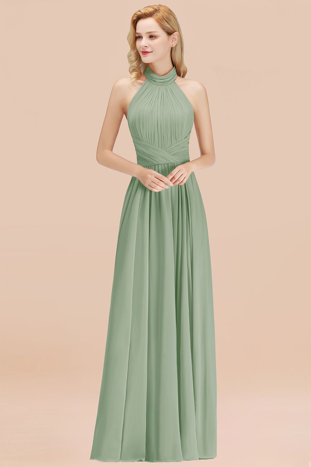 27prom Gorgeous High-Neck Halter Backless Bridesmaid Dress Dusty Rose Chiffon Maid of Honor Dress-27prom