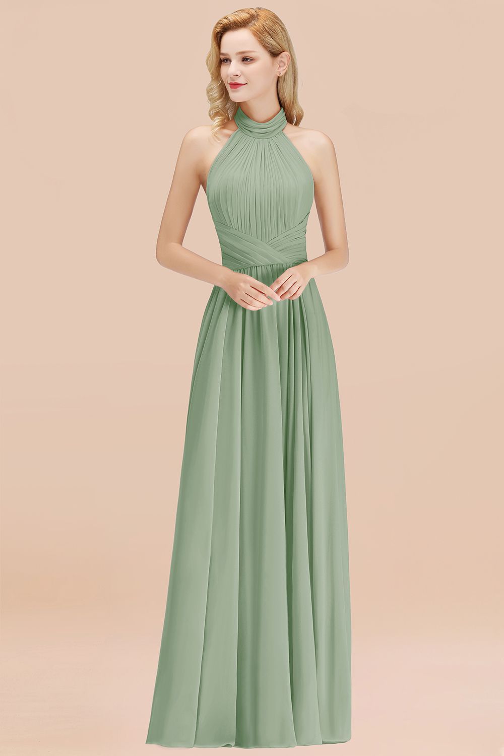 27prom Gorgeous High-Neck Halter Backless Bridesmaid Dress Dusty Rose Chiffon Maid of Honor Dress-27prom