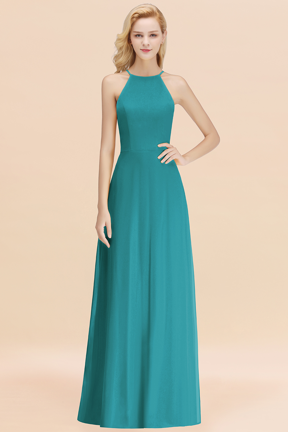 27prom Modest High-Neck Yellow Chiffon Affordable Bridesmaid Dresses Online-27prom