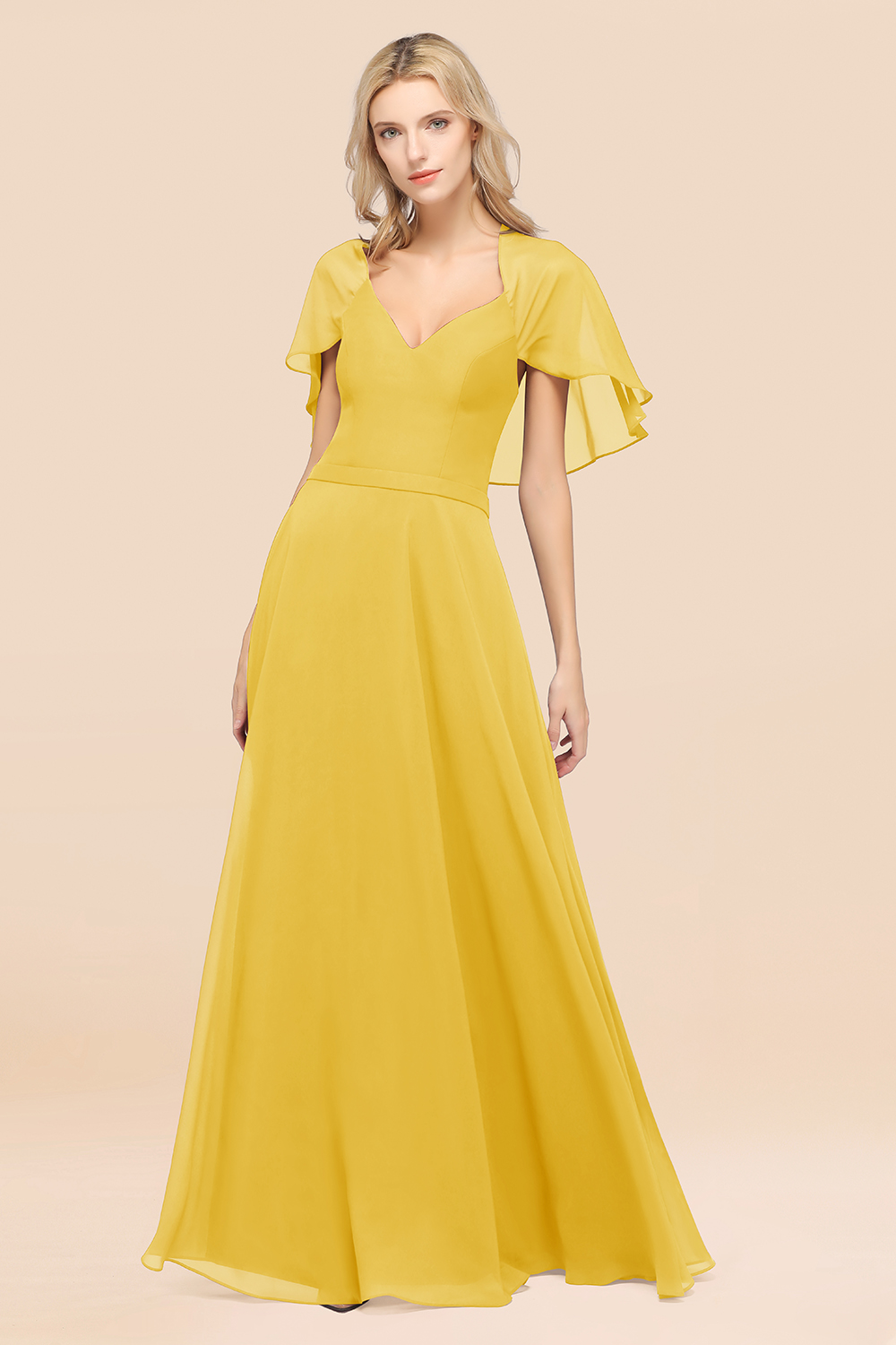 27prom Chic Satin V-Neck Long Burgundy Chiffon Bridesmaid Dress with Flutter Sleeve-27prom