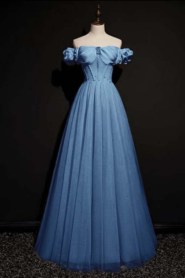 Off the Shoulder Strapless Sleeveless Long Prom Dress With Tulle