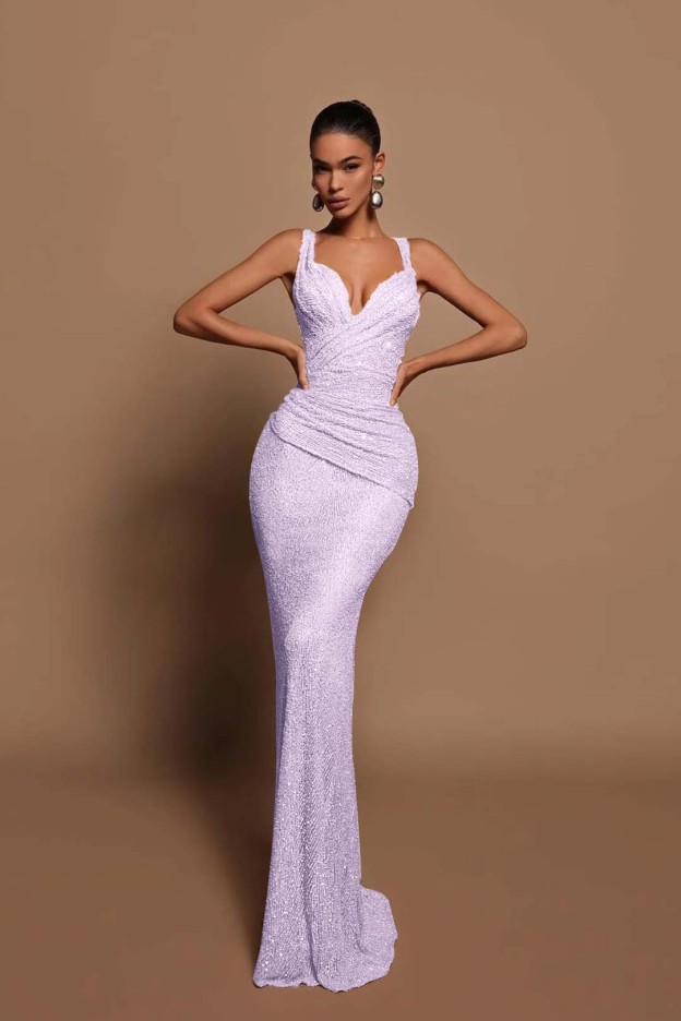 Sexy Pink Long Sequins Prom Dress V Neck Mermaid Sleeveless