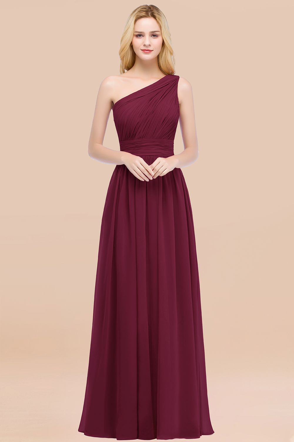 27prom Chic One-shoulder Sleeveless Burgundy Chiffon Bridesmaid Dresses Online-27prom