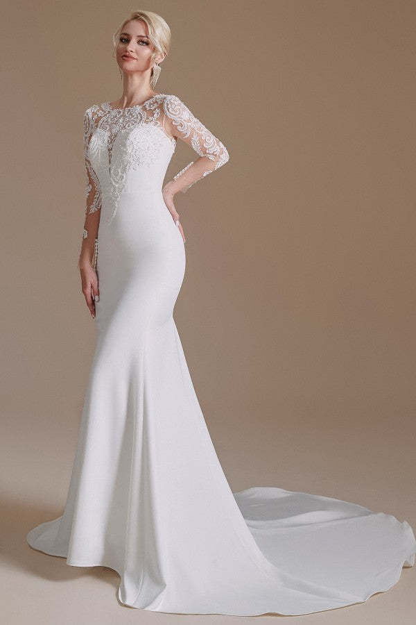 Jewel Neck Satin Lace Long Sleeve Mermaid Wedding Dress