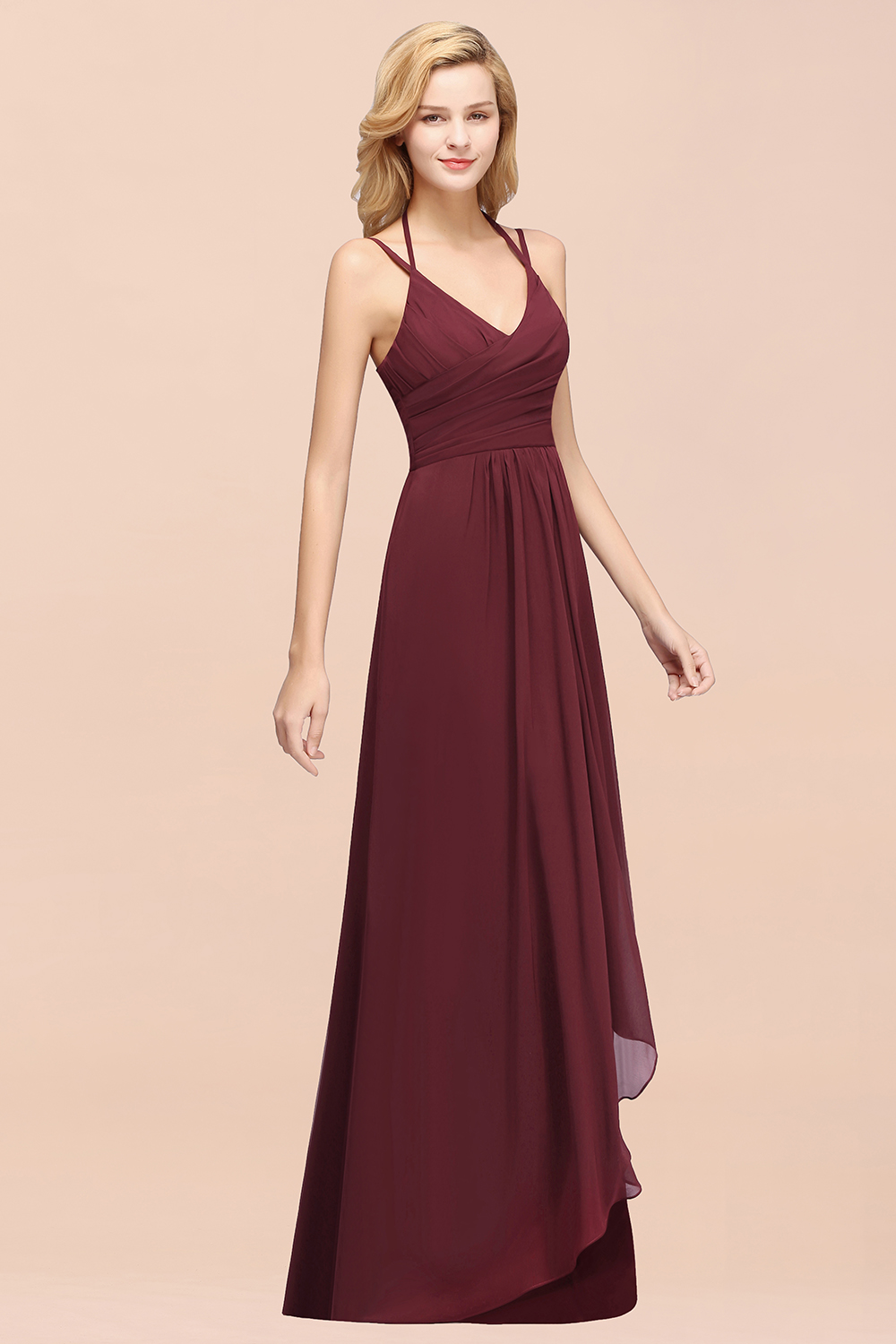 27prom Affordable Chiffon Burgundy Bridesmaid Dress With Spaghetti Straps-27prom