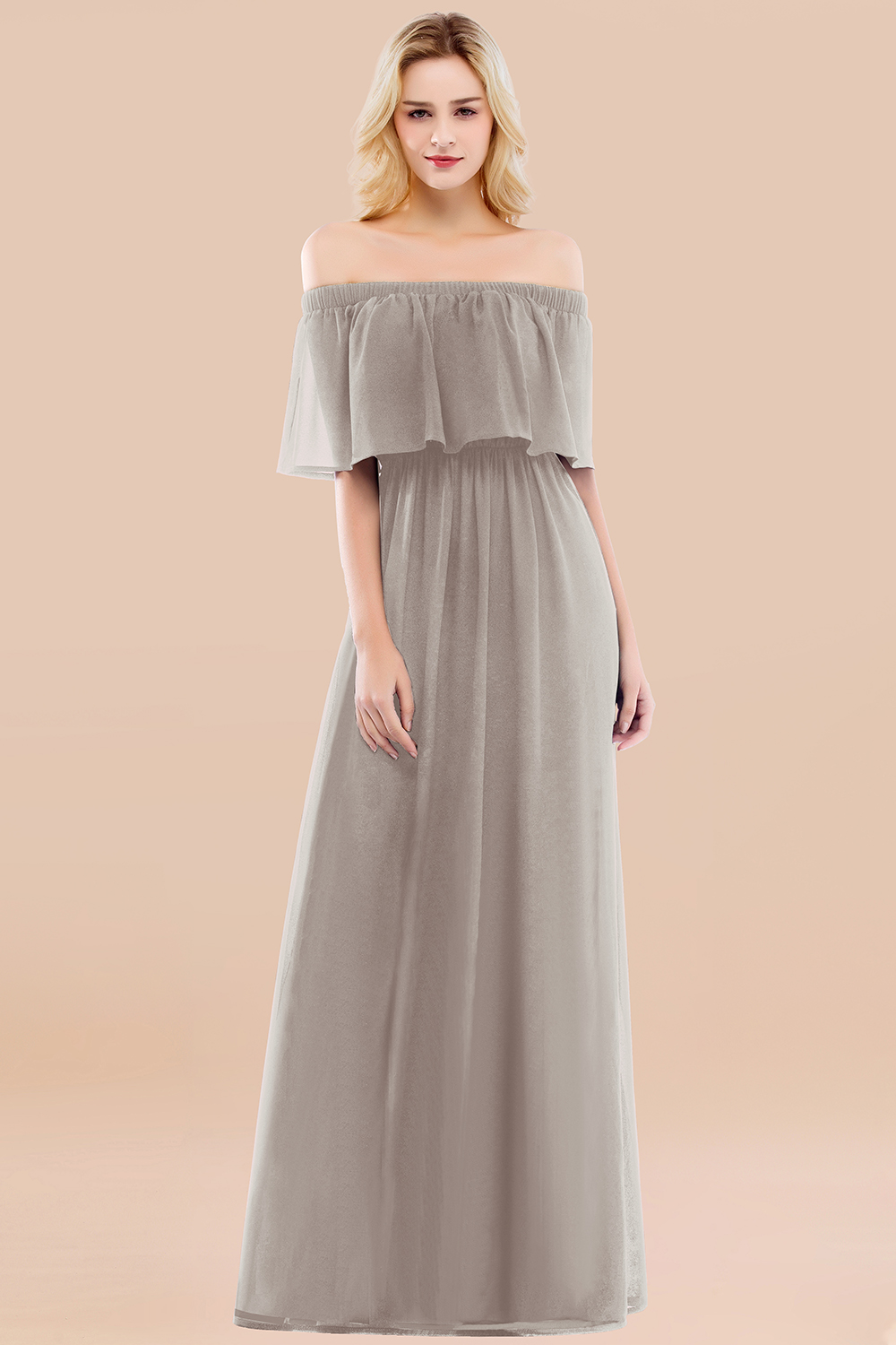 27prom Vintage Off-the-Shoulder Long Burgundy Bridesmaid Dress with Ruffle-27prom