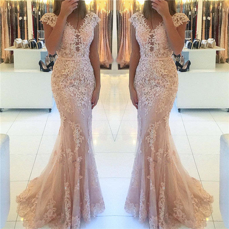 Cap Sleeve Mermaid Prom Dress with Appliques