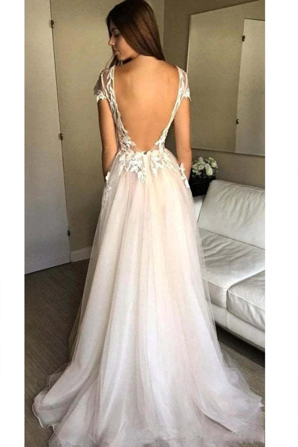 Cap Sleeve Tulle Lace Appliqued Wedding Dress With Split