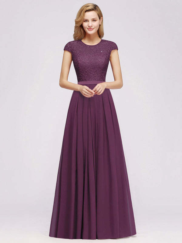 Cap Sleeves Aline Bridesmaid Dress Floral Lace Chiffon Long Wedding Guest Dress - Grape / US 2 - Prom Dresses