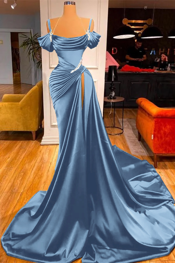 Green Chic Off the Shoulder Beadings Pleated Prom Dress Long With High Split