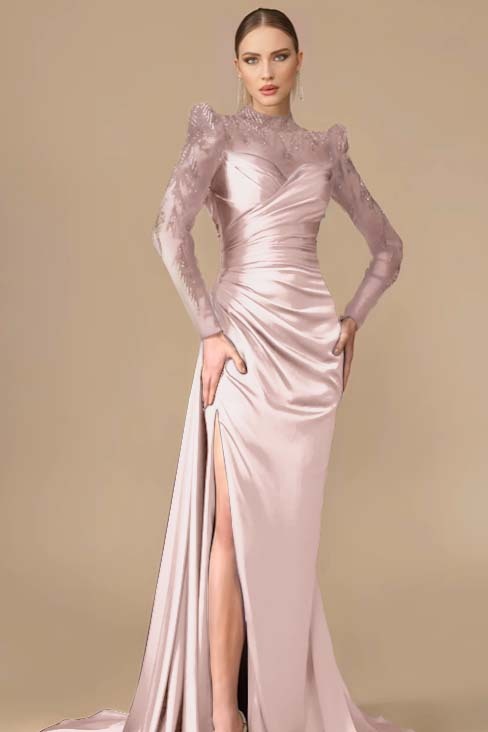Long Sleeves Long Mermaid Prom Dress With Split Pleated Appliques