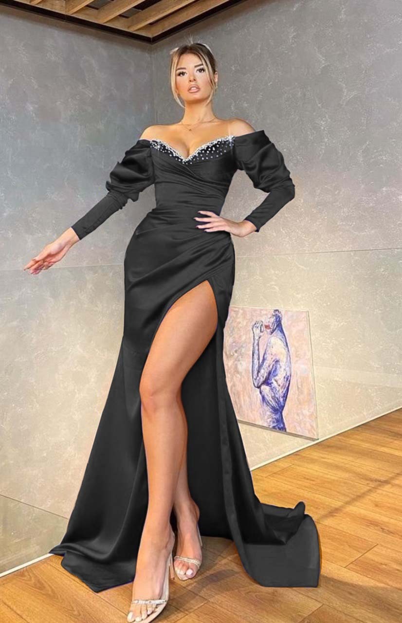 Off the Shoulder Mermaid Royal Blue Long Sleeves Prom Dress Beading
