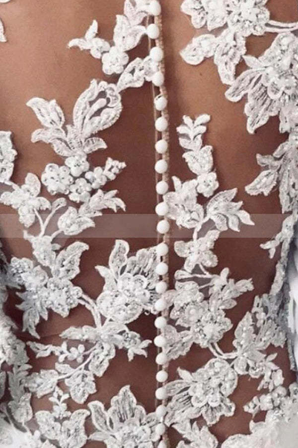 Long Sleeve Illusion Lace Back Sheath Wedding Dress with Appliques