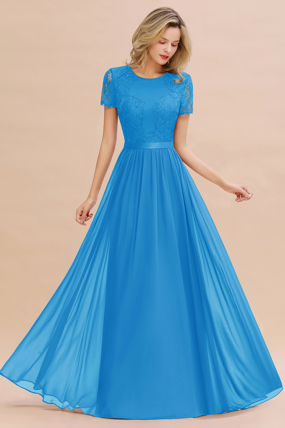 27prom Elegant Chiffon Lace Jewel Short-Sleeves Affordable Bridesmaid Dress-27prom