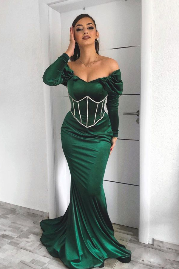 Off the Shoulder Prom Dress Dark Green Long Sleeves Mermaid