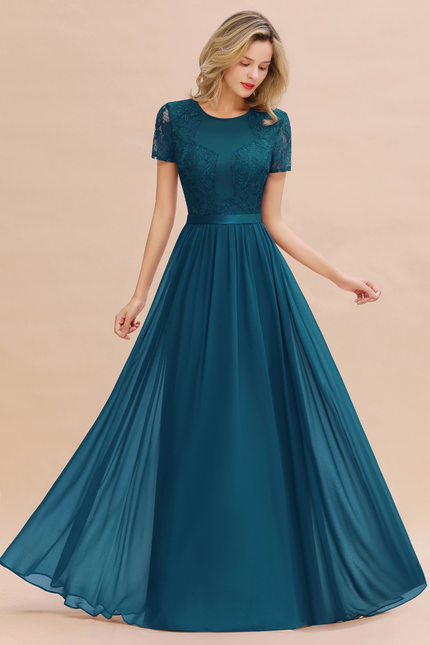 27prom Elegant Chiffon Lace Jewel Short-Sleeves Affordable Bridesmaid Dress-27prom