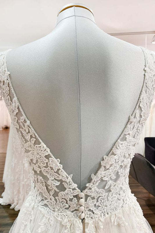 Modest Long A-Line V-Neck Tulle Ruffle Backless Wedding Dress with Lace