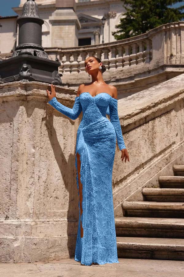 Off the Shoulder Long Sleeves Long Mermaid Prom Dress With Lace Appliques