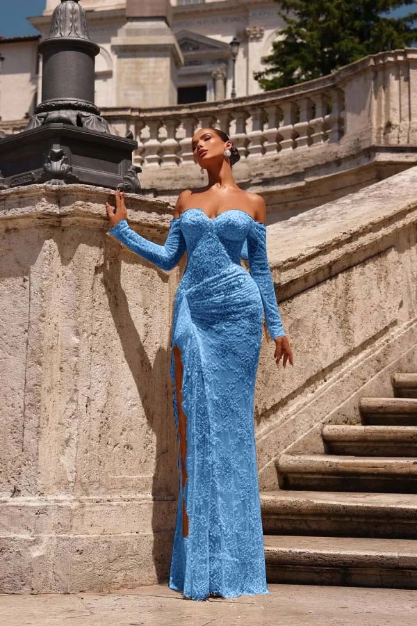 Off the Shoulder Long Sleeves Long Mermaid Prom Dress With Lace Appliques