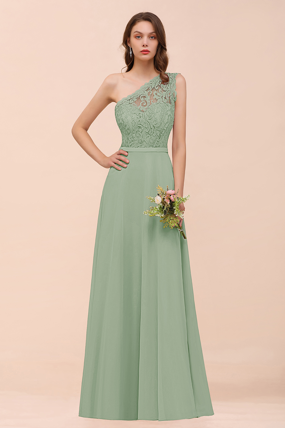 27prom New Arrival Dusty Rose One Shoulder Lace Long Bridesmaid Dress-27prom