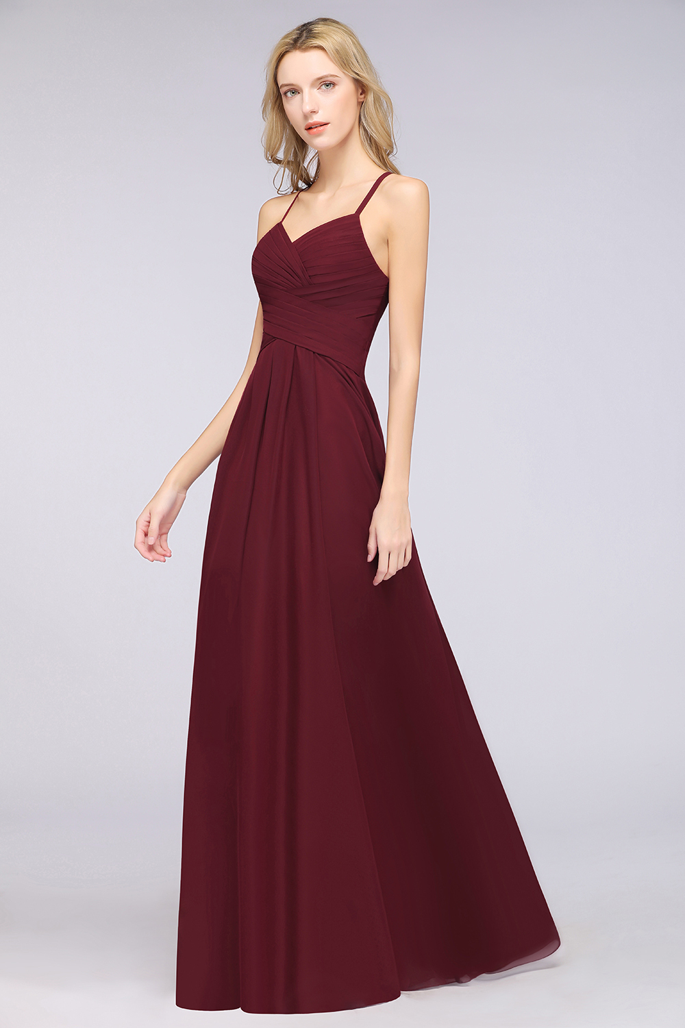 27prom Affordable Spaghetti Straps V-Neck Burgundy Chiffon Bridesmaid Dress with Keyhole Back-27prom