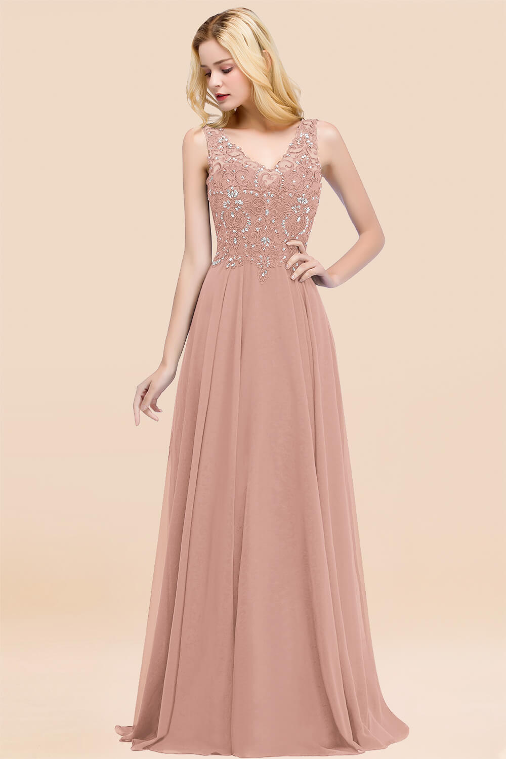 27prom Affordable Lace V-Neck Navy Bridesmaid Dresses With Appliques-27prom