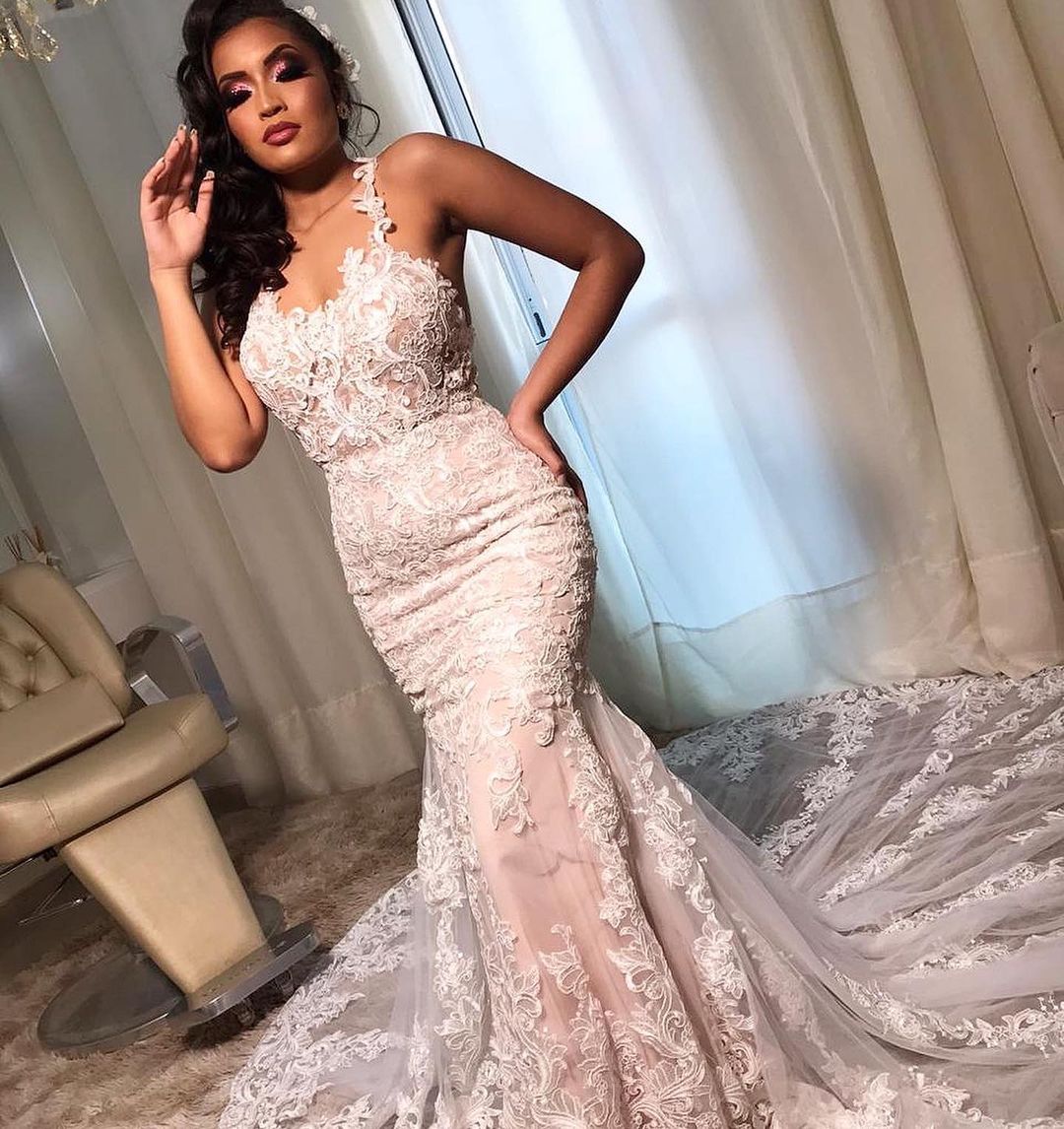 Mermaid Spaghetti Strap Wedding Dress with Open Back and Lace