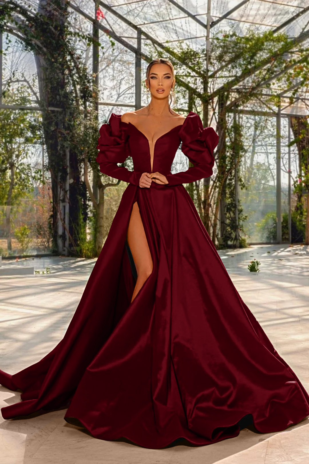 Sexy Prom Dress Red V Neck Bubble Long Sleeves With High Split