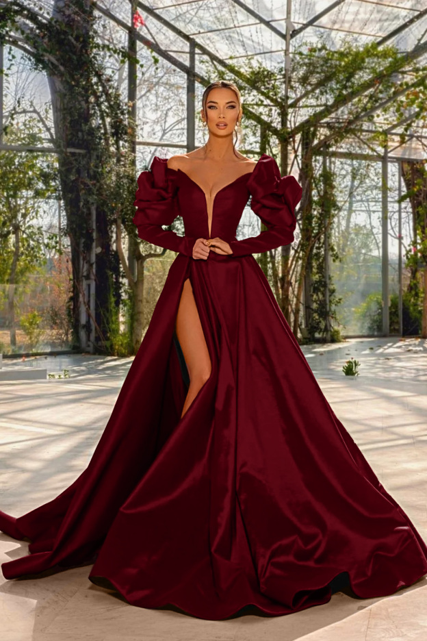 Sexy Prom Dress Red V Neck Bubble Long Sleeves With High Split