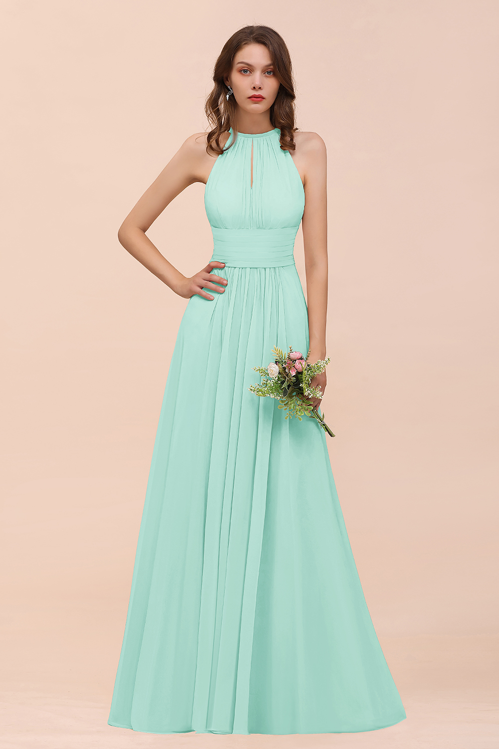 27prom Elegant Chiffon Jewel Ruffle Champagne Affordable Bridesmaid Dress Online-27prom