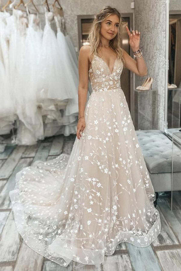 Elegant A Line Spaghetti Straps Tulle Lace Wedding Dresses