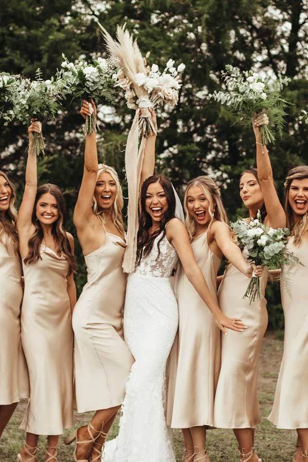 Champagne Cowl Neck Straps Tea Length Bridesmaid Dress  winkbridal