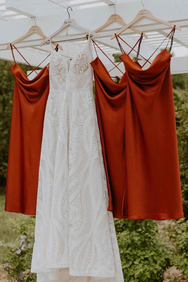 Champagne Cowl Neck Straps Tea Length Bridesmaid Dress  winkbridal