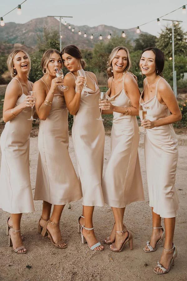 Champagne Cowl Neck Straps Tea Length Bridesmaid Dress  winkbridal
