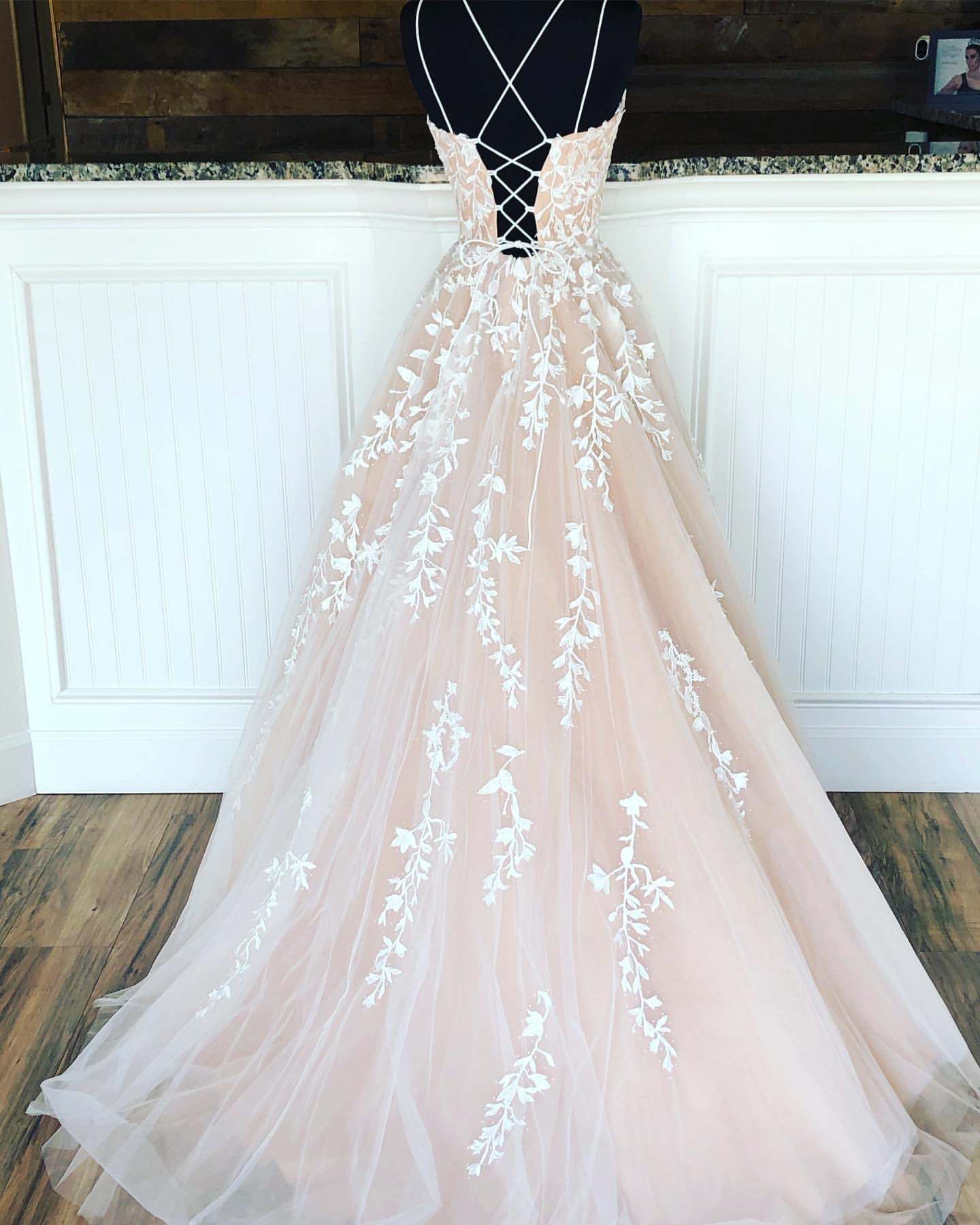 Champagne Long Lace Wedding Dresses, Champagne Lace Formal Graduation Evening Dresses
