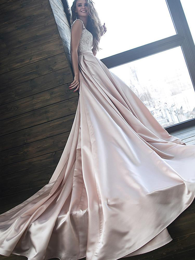 Champagne Satin Off The Shoulder Wedding Dress With Lace Top