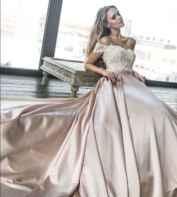 Champagne Satin Off The Shoulder Wedding Dress With Lace Top