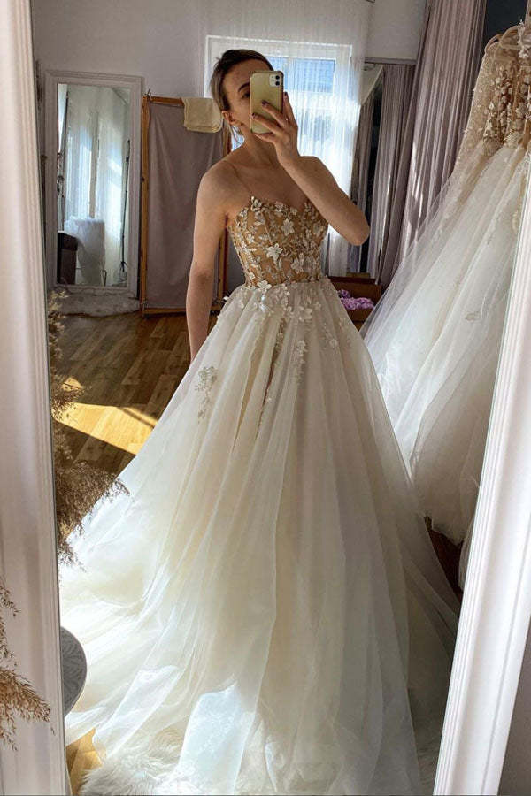 Champagne Tulle Beaded Long Prom Dress A-line Evening Dress